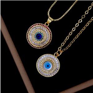 GREEK Gold 🧿 🧿 CRYSTAL EVIL EYE protection Pendant Necklace 18 GoldenPlated NEW